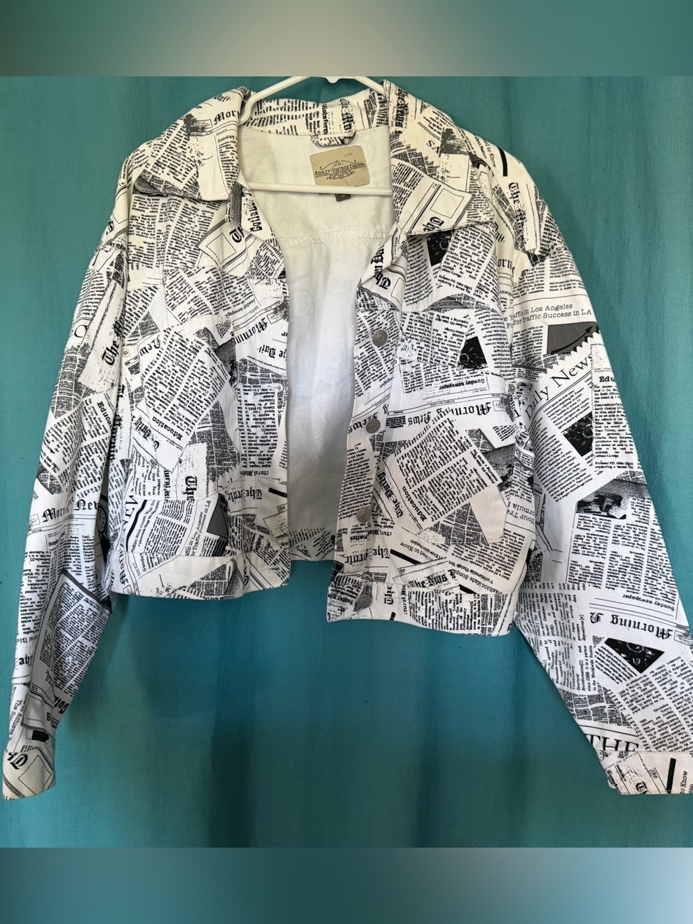 Ashley Vintage Charm Newsprint white denim jacket